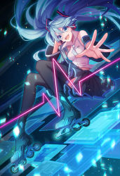 Rule 34 | 1girl, aqua necktie, black skirt, black thighhighs, blue eyes, blue hair, foreshortening, hair between eyes, hatsune miku, headphones, long hair, looking at viewer, necktie, open mouth, outstretched hand, pleated skirt, roller skates, shirt, skates, skirt, sleeveless, sleeveless shirt, smile, solo, sougishi ego, thighhighs, twintails, vocaloid