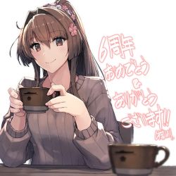 Rule 34 | 1girl, brown eyes, brown hair, cup, drinking, elbows on table, female focus, flower, hair flower, hair intakes, hair ornament, historical name connection, holding, japanese text, kantai collection, long hair, looking at viewer, matching hair/eyes, mug, name connection, official art, ponytail, shizuma yoshinori, simple background, smile, solo, sweater, upper body, white background, yamato (kancolle)