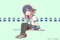 Rule 34 | 1girl, black thighhighs, blue neckerchief, blue sailor collar, blue skirt, character name, dated, gloves, gradient hair, hat, kantai collection, long hair, multicolored hair, nakaaki masashi, neckerchief, open mouth, pleated skirt, puffy short sleeves, puffy sleeves, purple eyes, purple hair, sailor collar, sailor hat, school uniform, serafuku, short sleeves, skirt, smile, solo, thighhighs, tsushima (kancolle), twitter username, white gloves, white hat