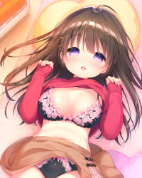 Rule 34 | 1girl, ahoge, black bra, black panties, blush, bow, bow bra, bow panties, bra, breasts, brown hair, brown skirt, clothes lift, commentary request, hair between eyes, hair ornament, hairclip, hands up, heart, heart-shaped pillow, highres, large breasts, long hair, long sleeves, looking at viewer, lying, navel, on back, original, panties, parted lips, pillow, purple eyes, red shirt, ribbon-trimmed bra, ribbon-trimmed panties, shirt, shirt lift, skirt, skirt lift, sleeves past wrists, solo, sweat, underwear, usashiro mani, very long hair