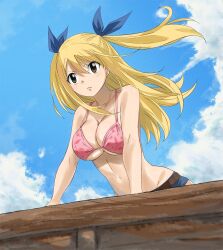 Rule 34 | 1girl, bikini, bikini top only, blonde hair, breasts, cleavage, colorized, fairy tail, gaston18, highres, large breasts, long hair, lucy heartfilia, solo, swimsuit, underboob