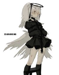 Rule 34 | 1girl, black choker, black dress, black socks, blood, blood on face, brown eyes, bruise, choker, closed mouth, commentary request, dated, dress, facial scar, film grain, grey wings, hair over one eye, headgear, highres, injury, kneehighs, looking away, low wings, mirrored text, original, scar, scar on cheek, scar on face, short dress, short hair, silver hair, simple background, socks, solo, white background, wings, xiao chichi