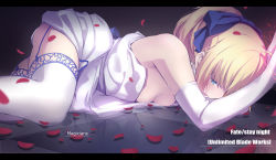 Rule 34 | 1girl, arms up, artist name, artoria pendragon (all), artoria pendragon (fate), bad id, bad pixiv id, bare shoulders, blonde hair, blue bow, blue eyes, blurry, blush, bow, checkered floor, dress, eyebrows, fate/stay night, fate (series), garter straps, gloves, glowing, hair bow, letterboxed, lying, magicians (zhkahogigzkh), motion blur, off shoulder, official alternate costume, on floor, on side, open mouth, petals, ponytail, reflection, saber (fate), saliva, sidelocks, solo, sweat, thighhighs, white dress, white gloves, white thighhighs
