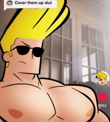Rule 34 | 1boy, bara, blonde hair, cartoon network, commentary, cover them up slut (meme), dialogue box, english commentary, frown, heart, highres, indoors, johnny bravo, johnny bravo (series), large pectorals, male focus, meme, muscular, muscular male, nipples, nude, pectoral focus, pectorals, photo background, pompadour, raised eyebrow, samurai jack, samurai jack (character), short hair, sideburns, solo, spiked hair, sunglasses, upper body, user interface, vispa king