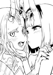 Rule 34 | 2girls, asanagi, black nails, blush, close-up, commentary request, fangs, fate/grand order, fate (series), fingernails, greyscale, hand on another&#039;s chin, hand on another&#039;s shoulder, horns, ibaraki douji (fate), kiss, looking at another, looking at viewer, medium hair, monochrome, multiple girls, nail polish, open mouth, short hair, shuten douji (fate), simple background, skin-covered horns, tattoo, thick eyebrows, white background