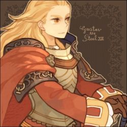 Rule 34 | 1boy, armor, bad id, bad pixiv id, blonde hair, brown gloves, character name, closed mouth, commentary request, gloves, gustave xiii, i-nhoc, long hair, lowres, male focus, saga, saga frontier 2, smile, solo, standing, sword, weapon