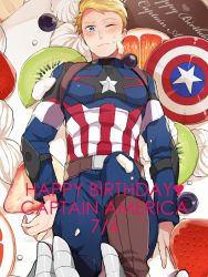Rule 34 | 1boy, animification, avengers: age of ultron, avengers (series), blonde hair, blue eyes, blush, cake, captain america, doemusuke, food, fruit, happy birthday, icing, in food, male focus, marvel, marvel cinematic universe, mini person, miniboy, shield, solo, steve rogers, superhero costume