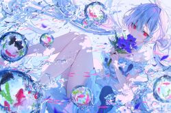 Rule 34 | 1girl, bare shoulders, blue flower, blue hair, bubble, choker, closed mouth, commentary, dress, expressionless, fish, flower, frilled choker, frilled dress, frills, hair between eyes, hair intakes, harui (hr x9 ), highres, holding, holding flower, knees together feet apart, knees up, koi, long hair, off-shoulder dress, off shoulder, original, red eyes, rose, short dress, symbol-only commentary, thighs, twintails, underwater, white dress, white flower, white rose