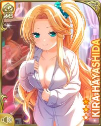 Rule 34 | 1girl, bare legs, barefoot, blonde hair, bottomless, breasts, card (medium), cleavage, closed mouth, day, dress shirt, girlfriend (kari), green eyes, hayashida kira, indoors, large breasts, long hair, official art, qp:flapper, shirt, side ponytail, smile, solo, unbuttoned, unbuttoned shirt, white shirt