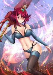 Rule 34 | 1girl, adsouto, alternate costume, artist name, blush, bra, breasts, breasts apart, elbow gloves, fire, gem, gloves, hair ornament, headpiece, highres, holding, holding sword, holding weapon, jewelry, lace, lace-trimmed legwear, lace trim, large breasts, lingerie, navel, nervous, nintendo, panties, pyra (xenoblade), red eyes, red hair, sword, thighhighs, tiara, underwear, underwear only, weapon, xenoblade chronicles (series), xenoblade chronicles 2