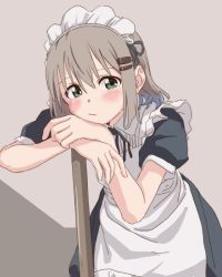 Rule 34 | 1girl, blush, closed eyes, commentary request, dress, green eyes, hair ornament, hairclip, head rest, highres, light brown hair, looking at viewer, maid, maid headdress, short sleeves, solo, yama no susume, ykr (youkiri), yukimura aoi