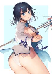 Rule 34 | 1girl, ass, bare shoulders, black hair, blue background, blue eyes, blue ribbon, blush, border, breasts, collarbone, dress, fate/grand order, fate/requiem, fate (series), fundoshi, highres, hoshibudou, japanese clothes, jewelry, long sleeves, looking at viewer, looking back, magatama, magatama hair ornament, medium breasts, medium hair, multicolored hair, necklace, open mouth, pelvic curtain, pink hair, polearm, puffy long sleeves, puffy sleeves, ribbon, short dress, sideboob, sideless outfit, spear, streaked hair, thighs, utsumi erice, weapon, white border, white dress