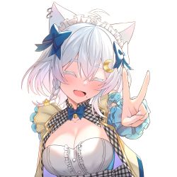 Rule 34 | 1girl, ahoge, animal ears, bell, bettle (b s a n), blue bow, bow, bowtie, braid, breasts, cat ears, cleavage, crescent, crescent hair ornament, closed eyes, fang, hair bow, hair ornament, hairclip, highres, jingle bell, large breasts, mole, mole under mouth, nekono yukino, plaid, re:act, simple background, solo, star (symbol), star hair ornament, v, virtual youtuber, white background, white hair