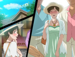 Rule 34 | 1girl, blush, breasts, brown hair, closed mouth, day, disembodied head, dress, closed eyes, green dress, hat, jewelry, kurumada kumiko, looking back, makino tomoyasu, medium breasts, mature female, necklace, open mouth, outdoors, over shoulder, pendant, handbag, sandals, sequential, short hair, sky, smile, tomica hyper rescue drive head: kidou kyuukyuu keisatsu, yellow eyes