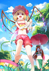 Rule 34 | 2girls, adapted costume, alternate costume, barefoot, blonde hair, bloomers, bow, bow panties, braid, breasts, camisole, choker, cleavage, cloud, day, fang, feet, flandre scarlet, flower, greetload, hat, highres, hong meiling, long hair, medium breasts, multiple girls, navel, open mouth, outdoors, panties, red eyes, red hair, ribbon choker, see-through, side ponytail, sky, small breasts, smile, soles, swimsuit, toes, touhou, twin braids, umbrella, underwear, wading pool, water, wet, wings, wrist cuffs