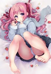 Rule 34 | 1girl, bare legs, barefoot, bed sheet, black skirt, blue coat, blue panties, blue scarf, blush, cherry, coat, commentary request, feet, fingernails, flower, food, fruit, full body, fur-trimmed sleeves, fur trim, hair between eyes, hair ribbon, hands up, highres, holding, holding food, holding fruit, irone (miyamiya38), long hair, long sleeves, looking at viewer, lying, on back, original, panties, parted lips, pink hair, pleated skirt, pom pom (clothes), purple eyes, red ribbon, ribbon, scarf, skirt, sleeves past wrists, solo, strawberry, toenails, two side up, underwear, very long hair, white flower, winter clothes, winter coat