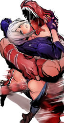 Rule 34 | 1boy, 1girl, angel (kof), between thighs, boots, bra, breasts, chaps, cowboy boots, cropped jacket, fingerless gloves, frottage, gloves, grabbing, grinding, hair over one eye, hatsuji horumon, hetero, highres, jacket, king of dinosaurs, large breasts, leather, leather jacket, penis, snk, strapless, strapless bra, the king of fighters, the king of fighters xiv, thigh sex, thighs, toned, underwear