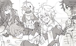 Rule 34 | 1girl, 4boys, aether (genshin impact), ahoge, alcohol, blush, braid, chivaeta, closed eyes, closed mouth, cup, dress, drinking, drooling, drunk, earrings, genshin impact, gloves, greyscale, hair between eyes, hair ornament, halo, head rest, holding, holding cup, jacket, jewelry, long hair, long sleeves, mask, mask on head, monochrome, multiple boys, open mouth, paimon (genshin impact), saliva, scarf, single braid, single earring, sitting, sketch, tartaglia (genshin impact), xiao (genshin impact), zhongli (genshin impact)