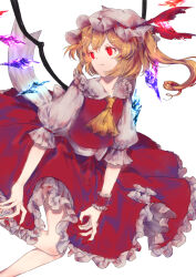Rule 34 | ama asagi, ascot, back bow, blonde hair, bow, closed mouth, collared shirt, crystal, feet out of frame, fingernails, flandre scarlet, frilled shirt collar, frilled skirt, frilled sleeves, frills, glowing, glowing wings, hat, hat ribbon, highres, large bow, looking to the side, medium hair, multicolored wings, nail polish, one side up, puffy short sleeves, puffy sleeves, red eyes, red nails, red ribbon, red skirt, red vest, ribbon, ribbon-trimmed headwear, ribbon trim, sharp fingernails, shirt, short sleeves, simple background, skirt, skirt set, sleeve ribbon, touhou, vest, white background, white bow, white hat, white shirt, wings, wrist cuffs, yellow ascot