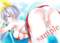 Rule 34 | 1girl, arim0k0, ass, bent over, bikini, bracelet, breasts, closed mouth, grey hair, hair ribbon, highres, holding, holding sword, holding weapon, jewelry, large breasts, long hair, looking at viewer, looking back, outdoors, panties, ponytail, red bikini, red eyes, ribbon, sample watermark, solo, swimsuit, sword, touhou, traditional media, underwear, watatsuki no yorihime, watermark, weapon, white panties, yellow ribbon
