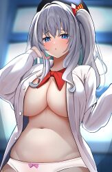 Rule 34 | 1girl, :o, absurdres, beret, black hat, blue eyes, blush, breasts, enishi96, grey hair, hair between eyes, hat, highres, kantai collection, kashima (kancolle), large breasts, long hair, long sleeves, looking at viewer, open clothes, open shirt, panties, parted lips, shirt, solo, twintails, underwear, white panties, white shirt