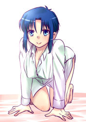 Rule 34 | 00s, 1girl, all fours, barefoot, bed sheet, blue eyes, blue hair, blush, breasts, ciel (tsukihime), kneeling, large breasts, matching hair/eyes, naked shirt, shirt, short hair, smile, solo, tsukihime, urako