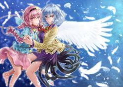 Rule 34 | 2girls, barefoot, blue shirt, bow, bowtie, brooch, brown eyes, closed mouth, dress, eyeball, feathered wings, frilled shirt collar, frilled sleeves, frills, hairband, heart, holding hands, interlocked fingers, jacket, jewelry, kishin sagume, komeiji satori, long sleeves, looking at viewer, multiple girls, open clothes, open jacket, parted lips, pink eyes, pink hair, pink skirt, purple dress, red bow, red bowtie, shirt, short hair, silver hair, single wing, skirt, third eye, touhou, white wings, wide sleeves, wings, y2