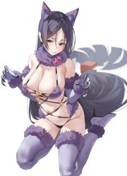 Rule 34 | 1girl, absurdres, animal ears, bad id, bad twitter id, bare shoulders, blush, breasts, claw pose, cleavage, cosplay, elbow gloves, fate/grand order, fate (series), fur-trimmed gloves, fur-trimmed legwear, fur collar, fur trim, gloves, halloween costume, highres, kneeling, large breasts, long hair, looking at viewer, low-tied long hair, mash kyrielight, mash kyrielight (dangerous beast), mash kyrielight (dangerous beast) (cosplay), minamoto no raikou (fate), mx2j, navel, o-ring, official alternate costume, parted bangs, purple eyes, purple gloves, purple hair, purple legwear, revealing clothes, simple background, smile, tail, very long hair, white background, wolf ears, wolf tail