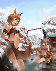 Rule 34 | 3girls, :d, animal, animal ears, architecture, bandeau, bare tree, bath, blue sky, blunt bangs, bracelet, breasts, bridge, brown eyes, brown hair, brown skirt, closed mouth, cloud, commentary request, day, east asian architecture, feather hair ornament, feathers, fox, fox ears, fox girl, hair ornament, jewelry, long hair, looking at viewer, medium breasts, midriff, mountain, multiple girls, navel, necklace, onsen, open mouth, original, outdoors, partially submerged, pink lips, rock, scenery, short hair, shrine, sitting, skirt, unworn skirt, sky, smile, snow, soaking feet, somehira katsu, standing, steam, stone, tail, teeth, tree, tribal, underboob, wading, water, wet, winter