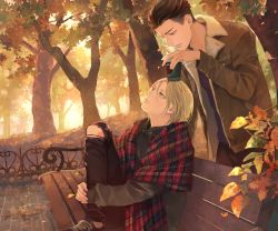 Rule 34 | 2boys, autumn, autumn leaves, bad id, bad pixiv id, bench, black hair, blonde hair, brown eyes, coat, cup, disposable coffee cup, disposable cup, green eyes, hood, hoodie, looking up, male focus, megane (artist), multiple boys, otabek altin, pants, plaid, plaid scarf, scarf, sitting, smile, torn clothes, torn pants, tree, yuri!!! on ice, yuri plisetsky