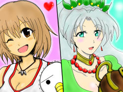Rule 34 | 00s, 2girls, aqua background, aqua eyes, bare shoulders, blush, breasts, brown eyes, brown hair, choker, creature, earrings, elie, grey hair, grune (tales), heart, jewelry, kawasumi ayako, multiple girls, necklace, open mouth, pink background, plue, rave, voice actor connection, short hair, tales of (series), tales of legendia, vase, veil