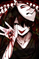 Rule 34 | 1girl, black eyes, black hair, black kimono, blood, blood on hands, doppel (bonnypir), extra eyes, eye in palm, fox mask, hair between eyes, hair over one eye, hatsune miku, highres, japanese clothes, kimono, long hair, looking at viewer, mask, mask on head, musunde hiraite rasetsu to mukuro (vocaloid), pale skin, solo, tongue, tongue out, upper body, vocaloid