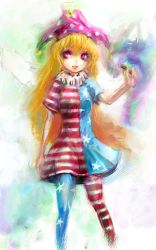 Rule 34 | 1girl, american flag dress, american flag legwear, arm at side, blonde hair, blush, breasts, clownpiece, dress, eyelashes, fairy wings, hand up, hat, hiepita (1014), highres, jester cap, looking to the side, multicolored background, pantyhose, parted lips, purple eyes, short dress, short sleeves, small breasts, smile, solo, striped clothes, striped dress, torch, touhou, wings