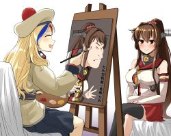 Rule 34 | 2girls, bad id, bad pixiv id, beret, black skirt, blonde hair, blue hair, brown eyes, brown hair, cherry blossoms, commandant teste (kancolle), detached sleeves, easel, closed eyes, fine art parody, flower, hair flower, hair ornament, hat, headgear, highres, kantai collection, crossed legs, long hair, miniskirt, multicolored clothes, multicolored hair, multicolored scarf, multiple girls, nihonga, oil-paper umbrella, painting (action), painting (object), palette (object), parody, pleated skirt, pom pom (clothes), ponytail, red hair, red skirt, scarf, single thighhigh, sitting, skirt, streaked hair, style parody, thighhighs, ukiyo-e, umbrella, white hair, yamato (kancolle), yong-gok, you&#039;re doing it wrong