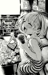 Rule 34 | 1girl, blush, couch, cup, dress, drinking straw, feet out of frame, greyscale, hatching (texture), highres, hirune (imomonono), holding, holding microphone, ice, menu, microphone, monochrome, music, open mouth, original, short hair, singing, solo, striped clothes, striped dress, sweat, sweatdrop, table