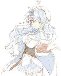 Rule 34 | 1girl, abara heiki, ahoge, blouse, blue coat, blue hair, blue ribbon, blue skirt, blush, breasts, closed mouth, coat, commentary, corset, cowboy shot, flower, frilled skirt, frills, fur-trimmed coat, fur trim, hair between eyes, hair flower, hair ornament, half updo, hat, heart, heart ahoge, highres, hololive, light blue hair, long hair, looking at viewer, medium breasts, neck ribbon, off shoulder, open clothes, open coat, pointy ears, ribbon, shirt, simple background, skirt, sleeveless, sleeveless shirt, smile, solo, traditional media, virtual youtuber, white background, white hat, white shirt, yellow eyes, yukihana lamy