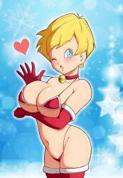 Rule 34 | 1girl, adjusting clothes, adjusting swimsuit, bikini, blonde hair, blue eyes, blush, breast hold, breasts, chikinkun, choker, christmas, cowboy shot, dragon ball, dragonball z, earrings, elbow gloves, eyebrows hidden by hair, female focus, gloves, groin, heart, highres, hoop earrings, erasa (dragon ball), jewelry, large breasts, legs, looking at viewer, navel, neck bell, one eye closed, open mouth, red gloves, short hair, simple background, solo, standing, swimsuit, thighhighs, thighs, thong, wink
