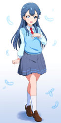 Rule 34 | 10s, 1girl, :d, absurdres, acchi (koiyimknp), blue eyes, blue hair, blue vest, blush, brown footwear, feathers, full body, grey skirt, highres, hugtto! precure, loafers, long hair, miniskirt, necktie, open mouth, pleated skirt, precure, red necktie, school uniform, shirt, shoes, skirt, smile, solo, standing, very long hair, vest, white background, white feathers, white legwear, white shirt, yakushiji saaya