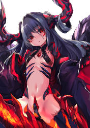 Rule 34 | 1girl, absurdres, black bra, black hair, bra, claws, commentary request, crotch plate, demon girl, demon horns, demon tail, demon wings, flat chest, hair between eyes, hair intakes, head tilt, highres, horns, long hair, long sleeves, looking at viewer, navel, off shoulder, original, parted lips, red eyes, revealing clothes, scales, simple background, slit pupils, solo, tail, underwear, white background, wings, yoshizawa tsubaki