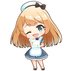 Rule 34 | 1girl, apron, blonde hair, blue eyes, chibi, cup, dress, frilled apron, frills, full body, gloves, green eyes, hat, holding, holding cup, holding saucer, jervis (kancolle), kantai collection, mary janes, open mouth, royal navy, sailor dress, sailor hat, saucer, shiromaru (maniado), shoes, white background, white gloves