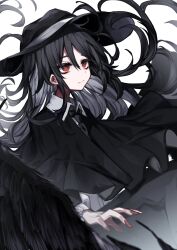 Rule 34 | 1girl, black capelet, black hair, black hat, black necktie, black skirt, capelet, closed mouth, collared shirt, expressionless, fingernails, floating hair, hat, highres, long hair, long sleeves, muraryo, nail polish, necktie, red eyes, red nails, shirt, simple background, skirt, solo, touhou, usami renko, white background, white shirt