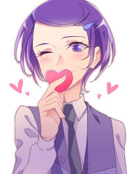 Rule 34 | 1girl, black necktie, closed mouth, collared shirt, dokidoki! precure, hair ornament, hairclip, heart, holding, kenzaki makoto, looking at viewer, necktie, negom, one eye closed, precure, purple eyes, purple hair, shirt, short hair, simple background, smile, solo, swept bangs, upper body, vest, white background, white shirt, wing collar