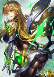 Rule 34 | 1girl, alternate costume, armor, black pantyhose, blonde hair, blush, dress, earrings, gloves, headpiece, highres, jewelry, long hair, looking at viewer, mythra (massive melee) (xenoblade), mythra (xenoblade), nintendo, pantyhose, signo aaa, smile, solo, super smash bros., swept bangs, thigh strap, tiara, xenoblade chronicles (series), xenoblade chronicles 2, yellow eyes