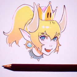 Rule 34 | 1girl, blonde hair, blue eyes, bowsette, close-up, collar, earrings, hair between eyes, ilya kuvshinov, jewelry, looking at viewer, mario (series), new super mario bros. u deluxe, nintendo, open mouth, pencil, photo (medium), pointy ears, sharp teeth, short hair, short ponytail, solo, spiked collar, spikes, super crown, teeth, white background