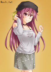 Rule 34 | 1girl, alternate costume, anti (untea9), batsubyou, beanie, black hat, breasts, brown background, choker, cowboy shot, detached sleeves, grey skirt, grey sweater, hair ribbon, hat, highres, kamikaze (kancolle), kantai collection, long hair, looking at viewer, medium breasts, purple eyes, purple hair, ribbon, simple background, skirt, smile, solo, sweater, twitter username, yellow ribbon