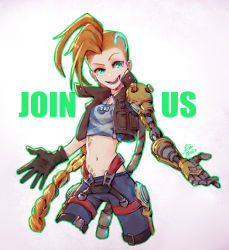 Rule 34 | 1girl, bad id, bad pixiv id, bare shoulders, braid, breasts, choker, gloves, glowing, green eyes, highres, jacket, jewelry, jinx (league of legends), league of legends, long hair, looking at viewer, mechanical arms, mohawk, necklace, odyssey jinx, orange hair, outline, prosthesis, prosthetic arm, single glove, single mechanical arm, small breasts, smile, solo, tank top, tattoo, very long hair