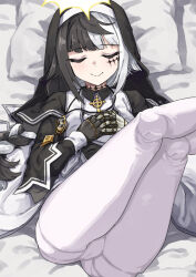 Rule 34 | 1girl, arrow cross, asymmetrical gloves, bed sheet, black capelet, black hair, blush, borrowed character, braid, braided ponytail, capelet, cleft of venus, closed eyes, closed mouth, coif, cross, doll joints, facial mark, gloves, habit, halo, hands on own chest, hourglass, joints, kusugi tai, legs up, lying, mismatched gloves, multicolored hair, nun, on back, on bed, original, pantyhose, pillow, smile, stole, two-tone hair, veil, violet (ac8231), white hair, white pantyhose