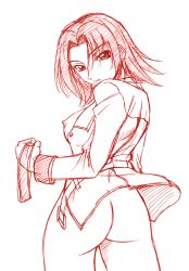 Rule 34 | 00s, 1girl, ass, bottomless, breasts, code geass, female focus, from behind, kouzuki kallen, looking at viewer, looking back, misnon the great, monochrome, nipples, short hair, solo