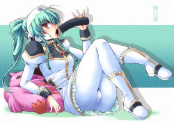 Rule 34 | 1girl, aqua hair, boots, drill hair, food, frills, looking at viewer, open mouth, pantyhose, pillow, polka dot, polka dot background, ponytail, red eyes, sexually suggestive, solo, tongue, white footwear, white pantyhose