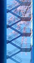 Rule 34 | abstract, abstract background, absurdres, blue sky, branch, building, cherry blossoms, chinese commentary, chromatic aberration, cityscape, concrete, fence, flower, highres, nature, no humans, original, perspective, scenery, shadow, sky, stairs, tree, walkway, ya yan